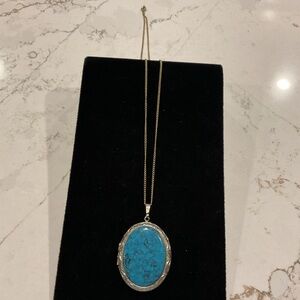 Vintage Faux Turquoise Large Silver Locket Necklace